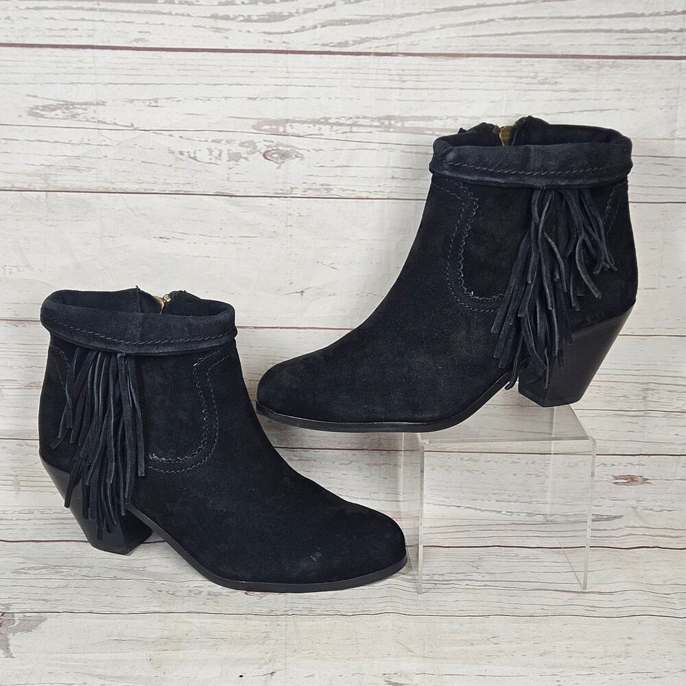 Sam Edelman Louie Western Ankle Boots Women's Black US 8 Suede Fringe Block Heel